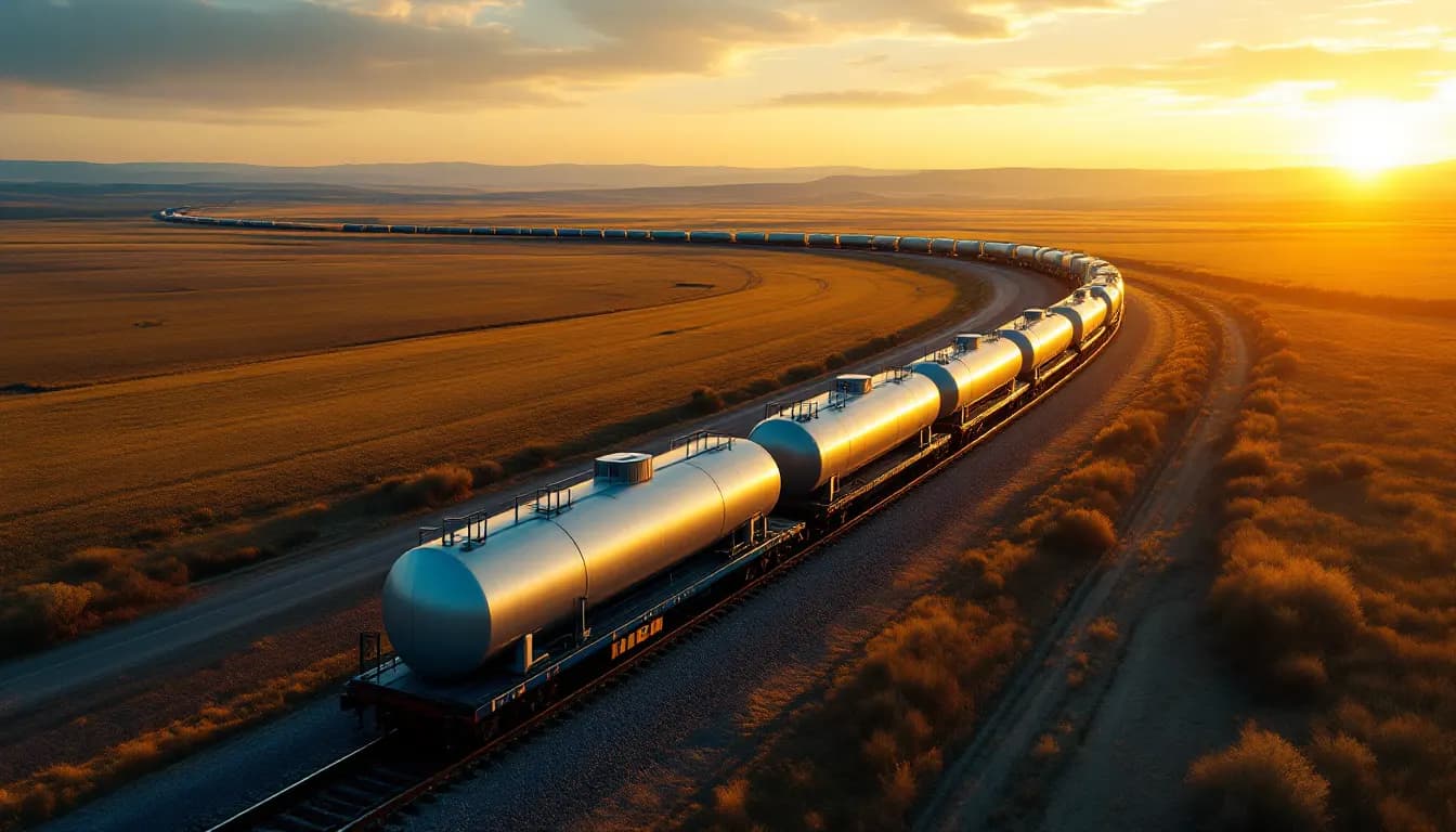 Gün batımında ovada ilerleyen tanklı yük treni